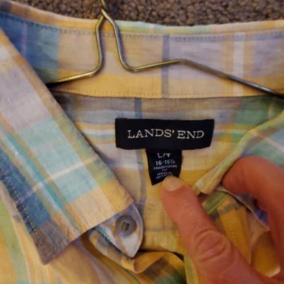 Lands’ End Plaid Linen Dress Shirt - Large Tall 16-16 1/2 - Picture 3 of 3